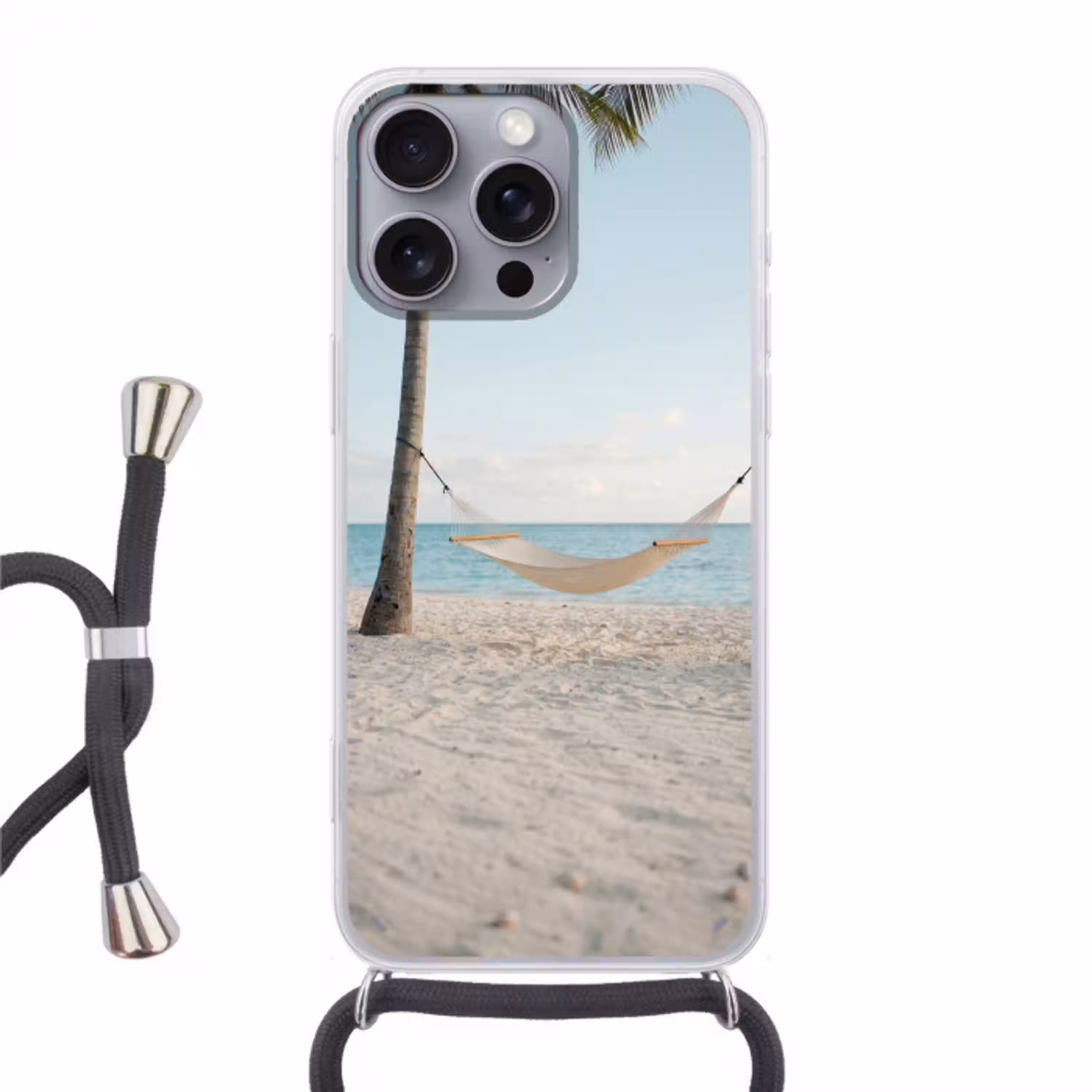 Hangmat - Strand - Wit Hoesje iPhone 16 Pro Max met koord klein -3d