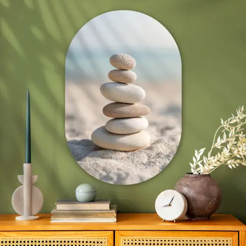 Stenen - Stapel - Zand - Zee Wandcirkel Ovaal Glas middel -sfeer2