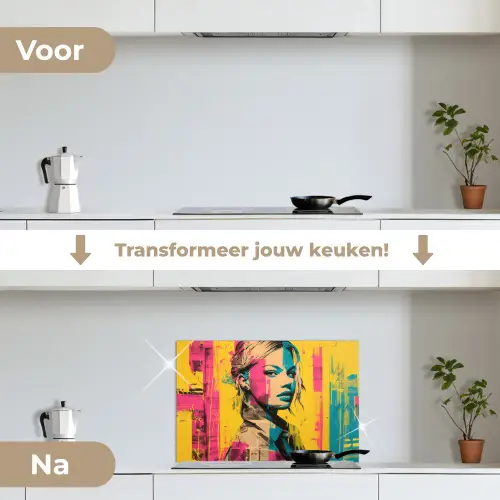 Vrouw - Verfstrepen - Gekleurd keuken achterwand spatscherm klein -voor_na_NL