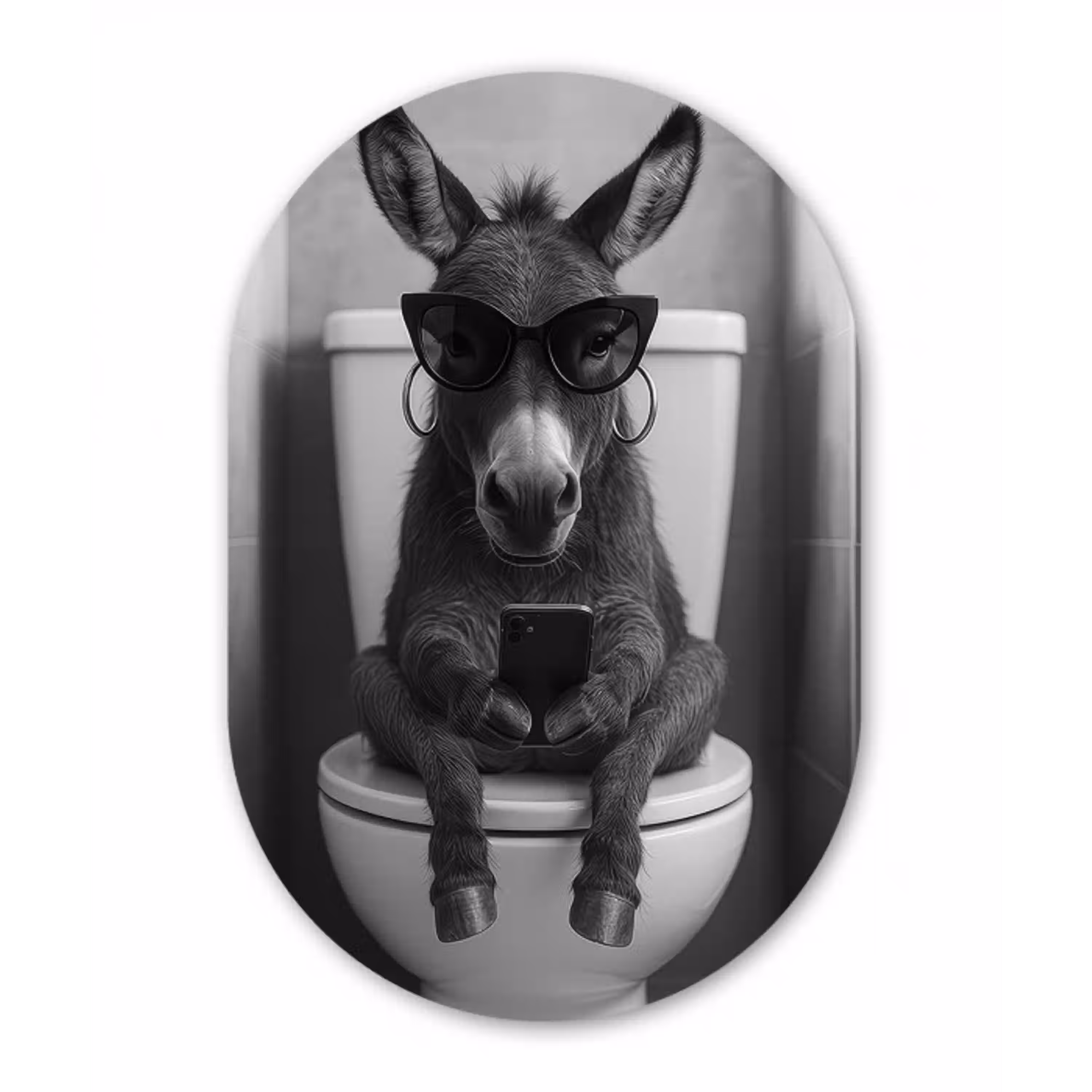 Ezel - Telefoon - Toilet - Zwart - Wit Wandcirkel Ovaal Aluminium middel -3d