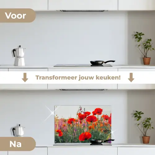 Klaproos - Bloemen - Rood - Paars - Weide keuken achterwand spatscherm klein -voor_na_NL