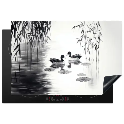 Eenden - Waterlelies - Riet - Zwart Inductie beschermer vinyl 3mm klein -3d