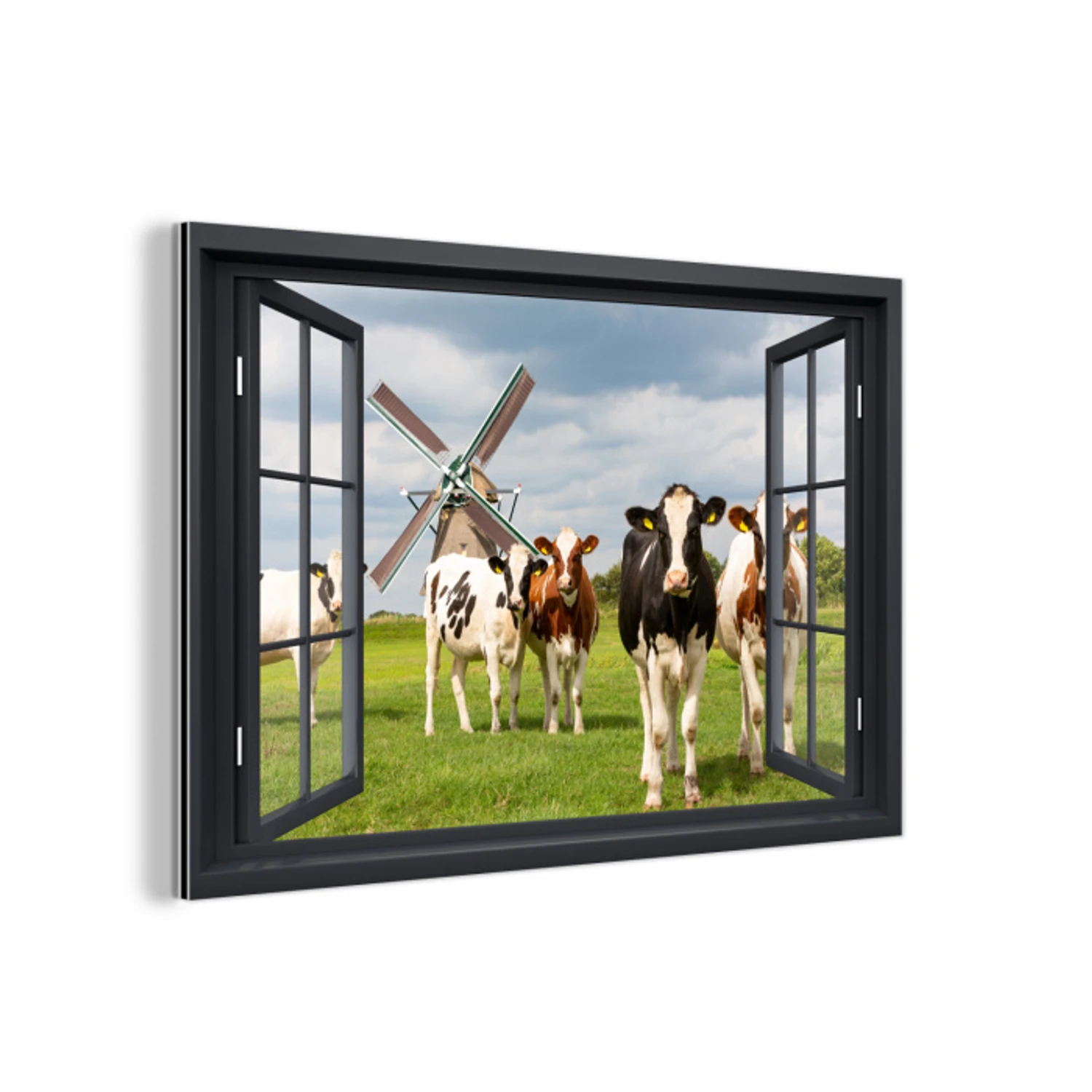 Doorkijk - Koe - Molen - Koeien - Weiland - Gras - Groen aluminium wit klein -3d