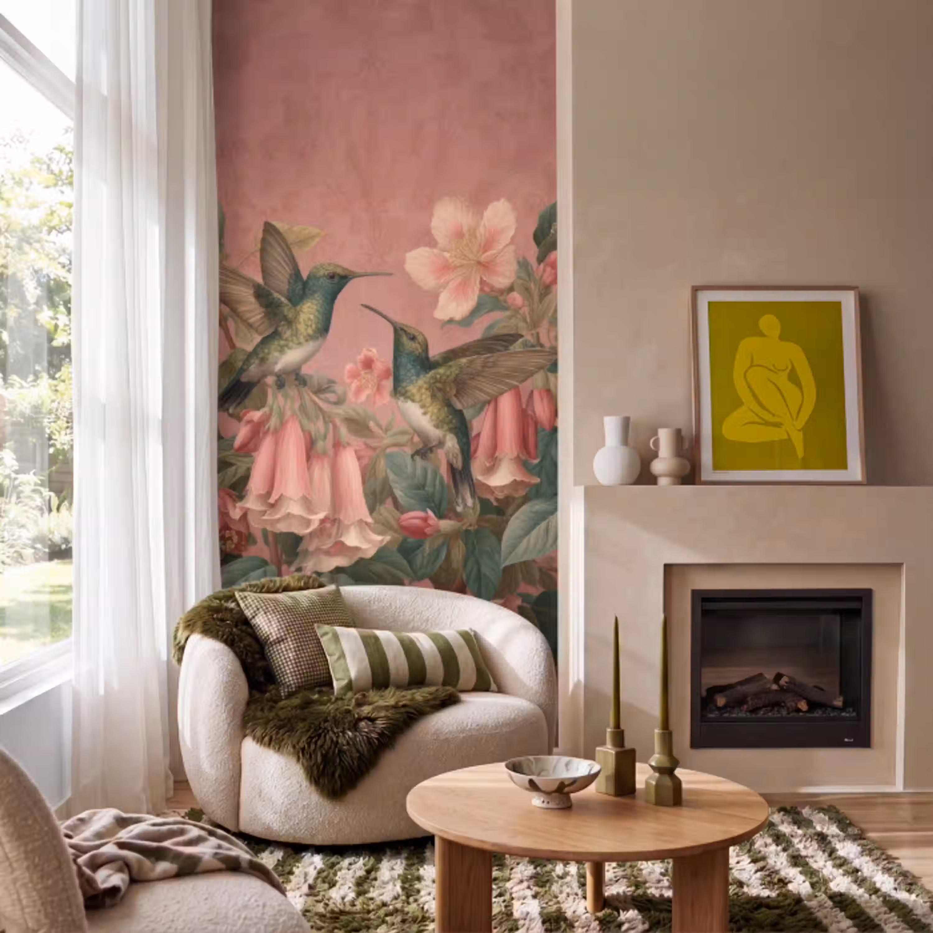 Kolibries - Bloemen - Groen - Roze Behang Vlies klein -sfeer2