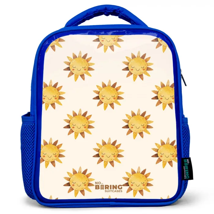 Lachende zonnetjes als patroon op beige achtergrond Kinderrugzak - Blauw middel -3d