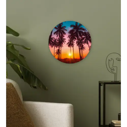 Palmboom - Zonsondergang - Horizon - Strand - Oranje - Roze Wandcirkel kunststof plaat 5mm dik klein -sfeer3