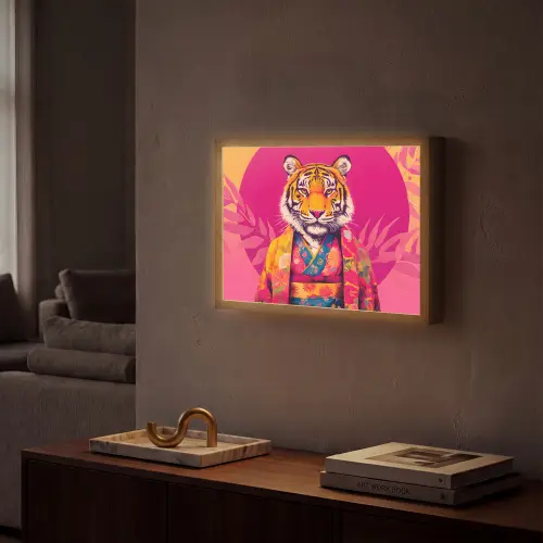 Tijger - Kimono - Planten - Roze Light Box met batterij (Wandlamp) middel -sfeer1