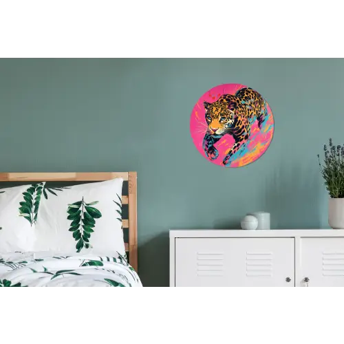 Luipaard - Roze - Oranje - Blauw - Verf Wandcirkel aluminium klein -slaapkamer