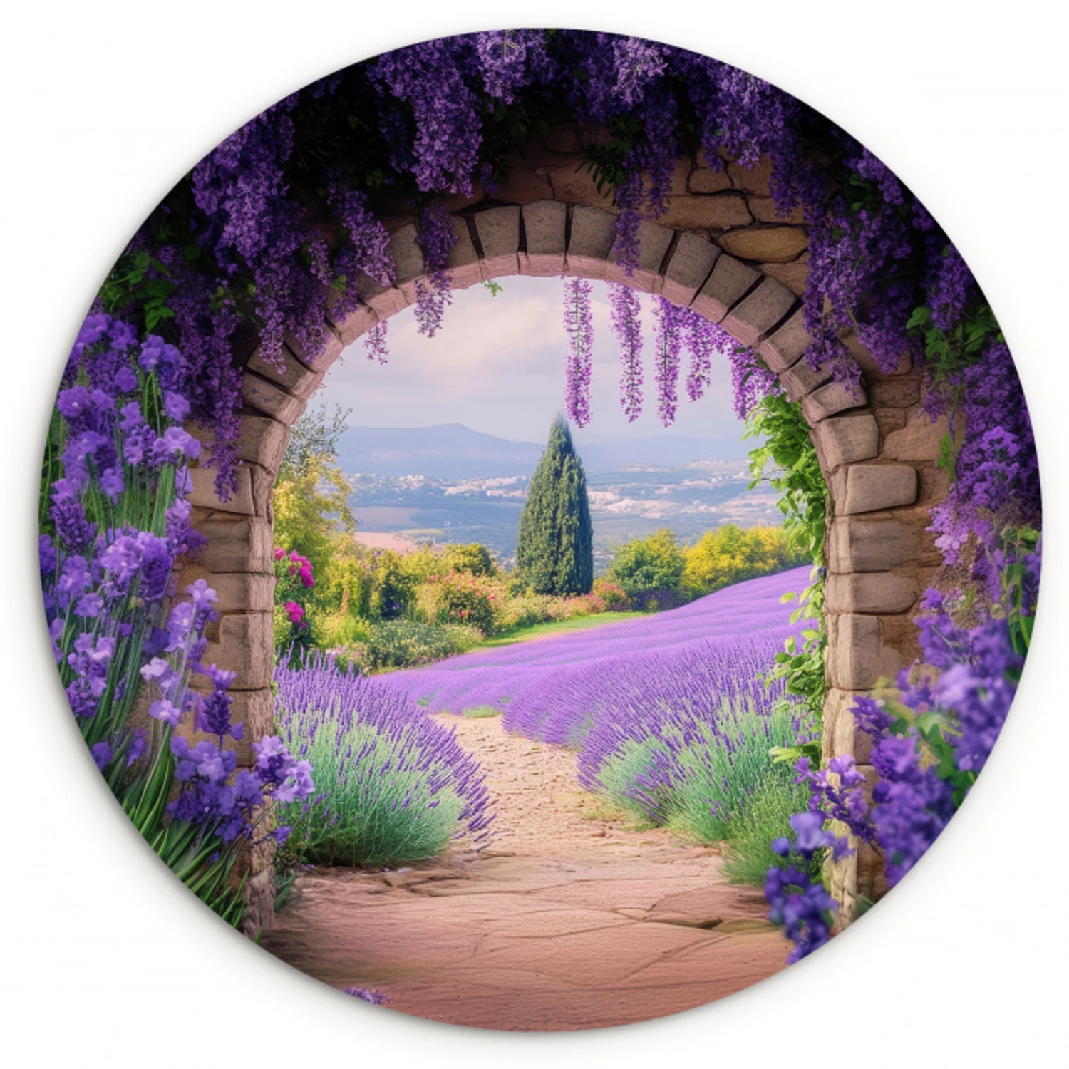 Doorkijk - Lavendel - Bloemen - Paars - Poort Wandcirkel kunststof plaat 5mm dik klein -3d