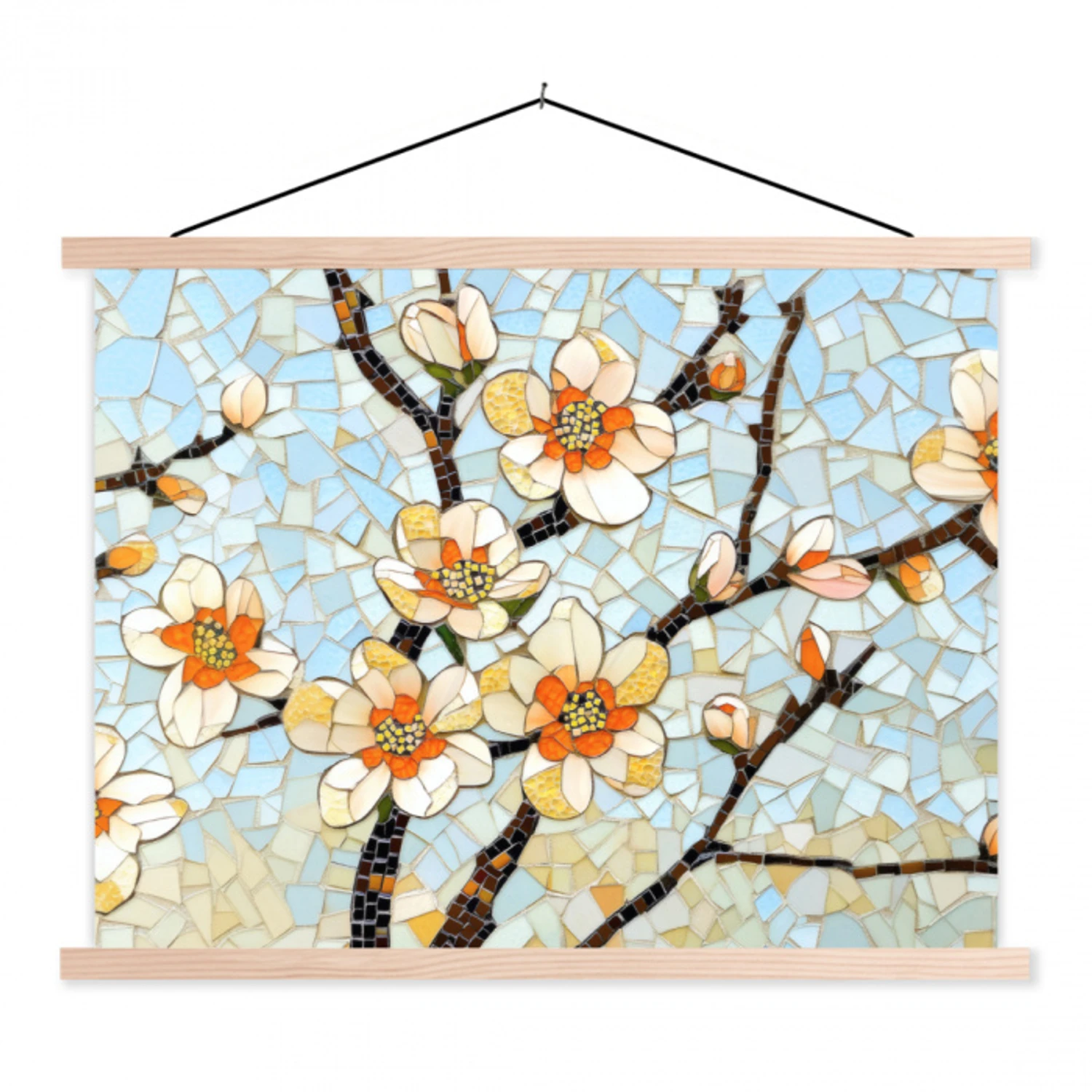 Bloesems - Wit - Mozaïek - Tak textielposter latten blank klein -3d