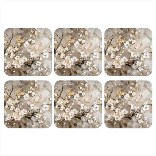 Bloemen - Wit - Goud - Beige  - Luxe onderzetter kurk middel -3d