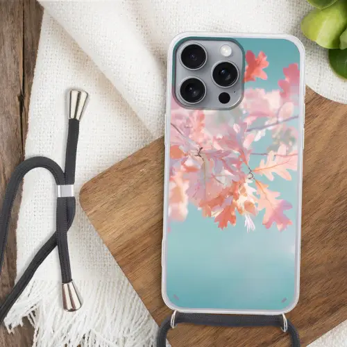 Eikenbladeren - Takken - Roze Hoesje iPhone 16 Pro Max met koord klein -sfeer4