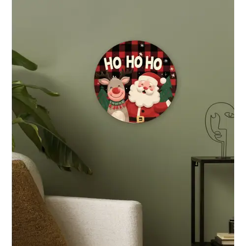 Kerstman - Rendier - Tekst - Rood - Zwart Wandcirkel kunststof plaat 5mm dik klein -sfeer3