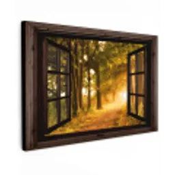 Bos - Bomen - Zonlicht - Herfst - Bospad - Natuur - Doorkijk Tuinposter op houten frame 2 cm dik klein -3d