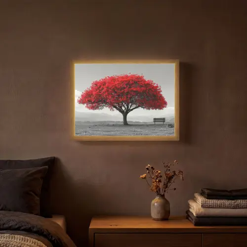 Boom - Rood - Natuur - Zwart wit Light Box met batterij (Wandlamp) middel -sfeer4