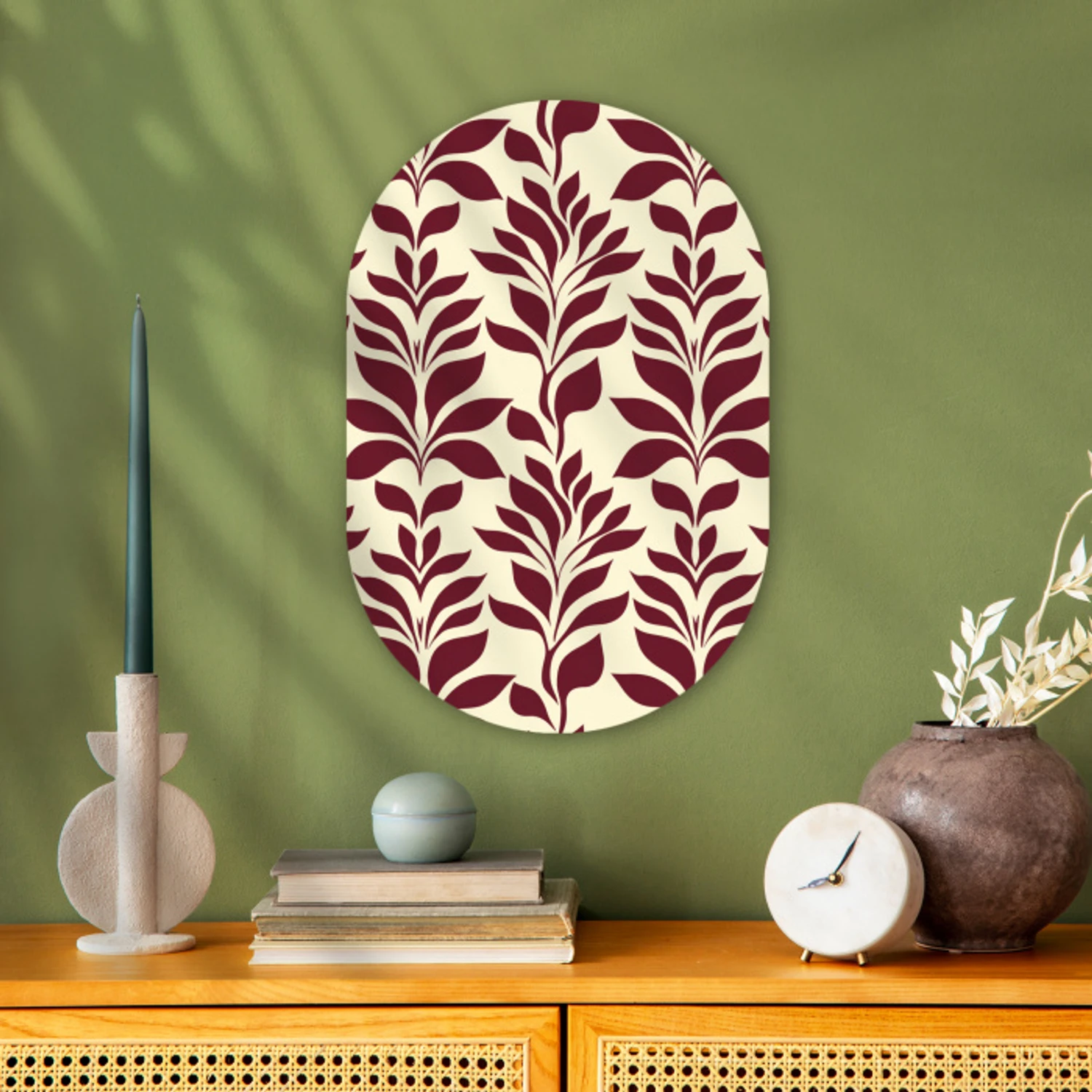Abstract - Bladeren - Burgundy Wandcirkel Ovaal Forex klein 630 -sfeer2