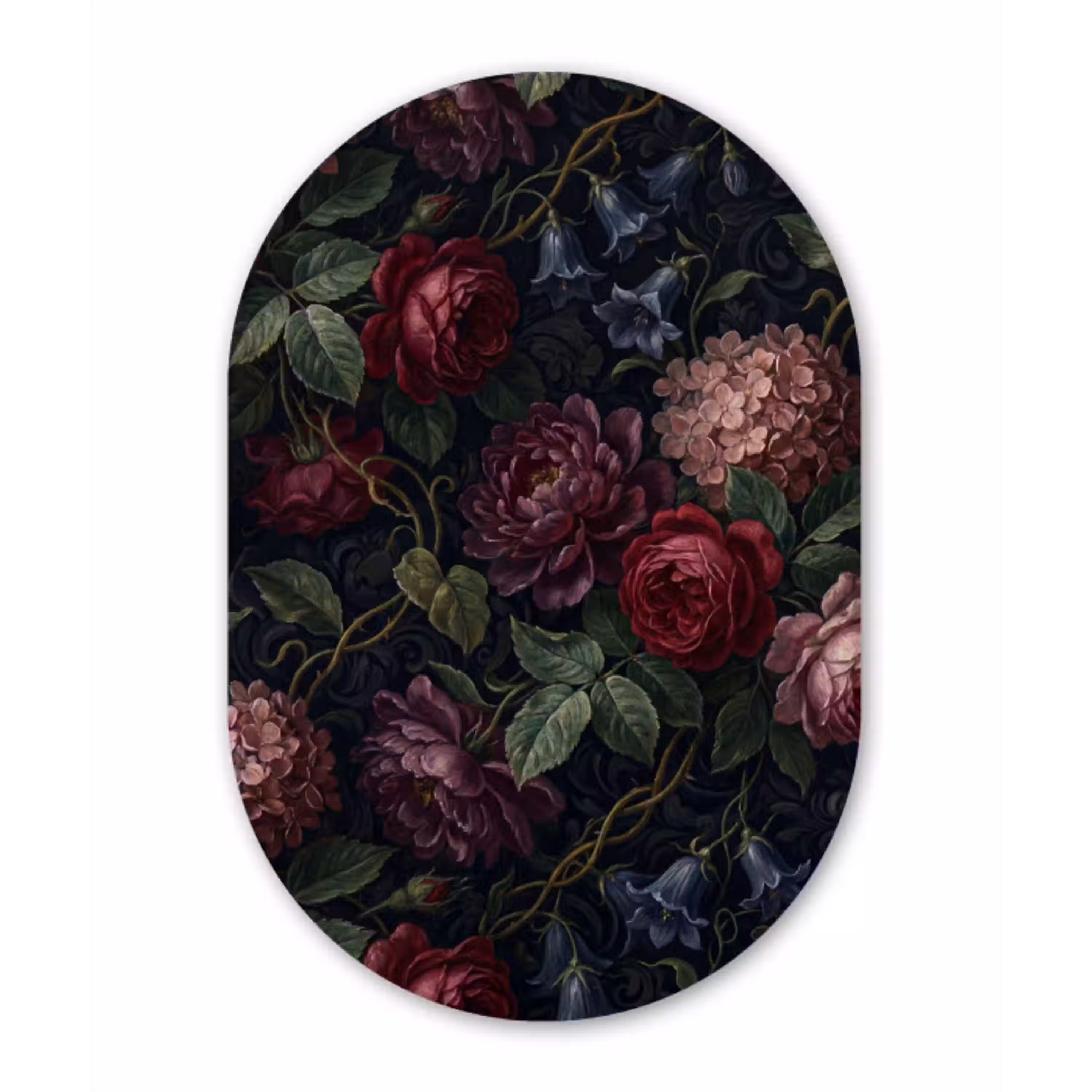 Bloemen - Rood - Klassiek - Donker - Patroon Wandcirkel Ovaal Aluminium middel -3d