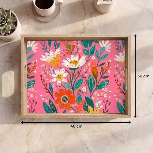 Roze - Bloemen - Wit - Oranje Dienblad Rechthoek middel -USP_Formaat