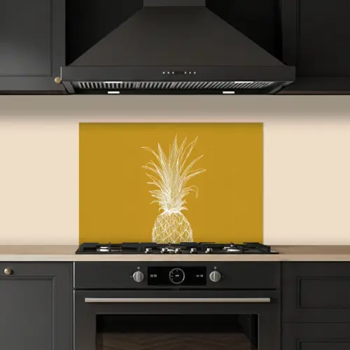 Lijnillustratie - Ananas - Bladkroon - Okergeel keuken achterwand spatscherm klein -sfeer1