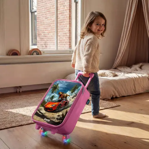 Rode sportauto met dino raast door tropisch strand Kinderkoffer - Roze klein -sfeer1