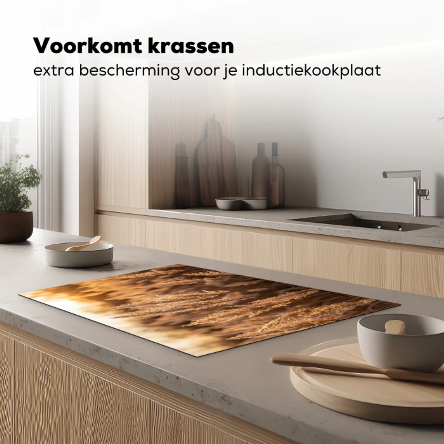 Rietpluimen - Gras - Zonsondergang - Goud - Serene Inductie beschermer vinyl 3mm klein -sfeer1