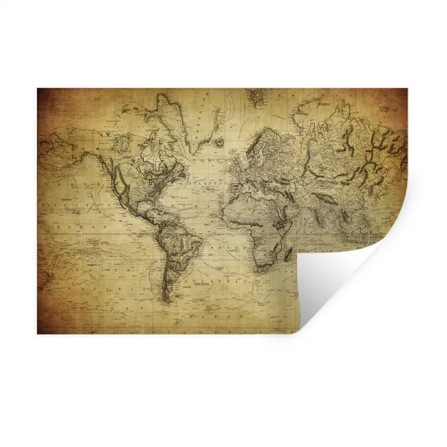 Wereldkaart - Vintage - Antiek - Bruin - Papier Muursticker klein -3d