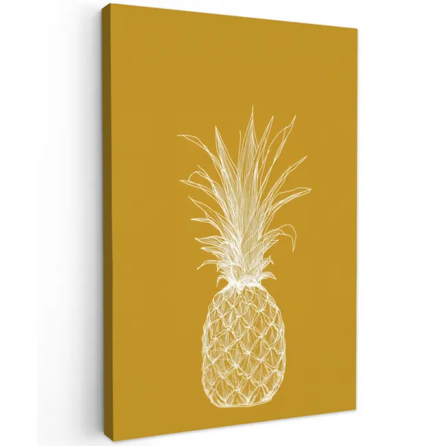 Lijnillustratie - Ananas - Bladkroon - Okergeel Tuinposter op houten frame 2 cm dik klein -3d