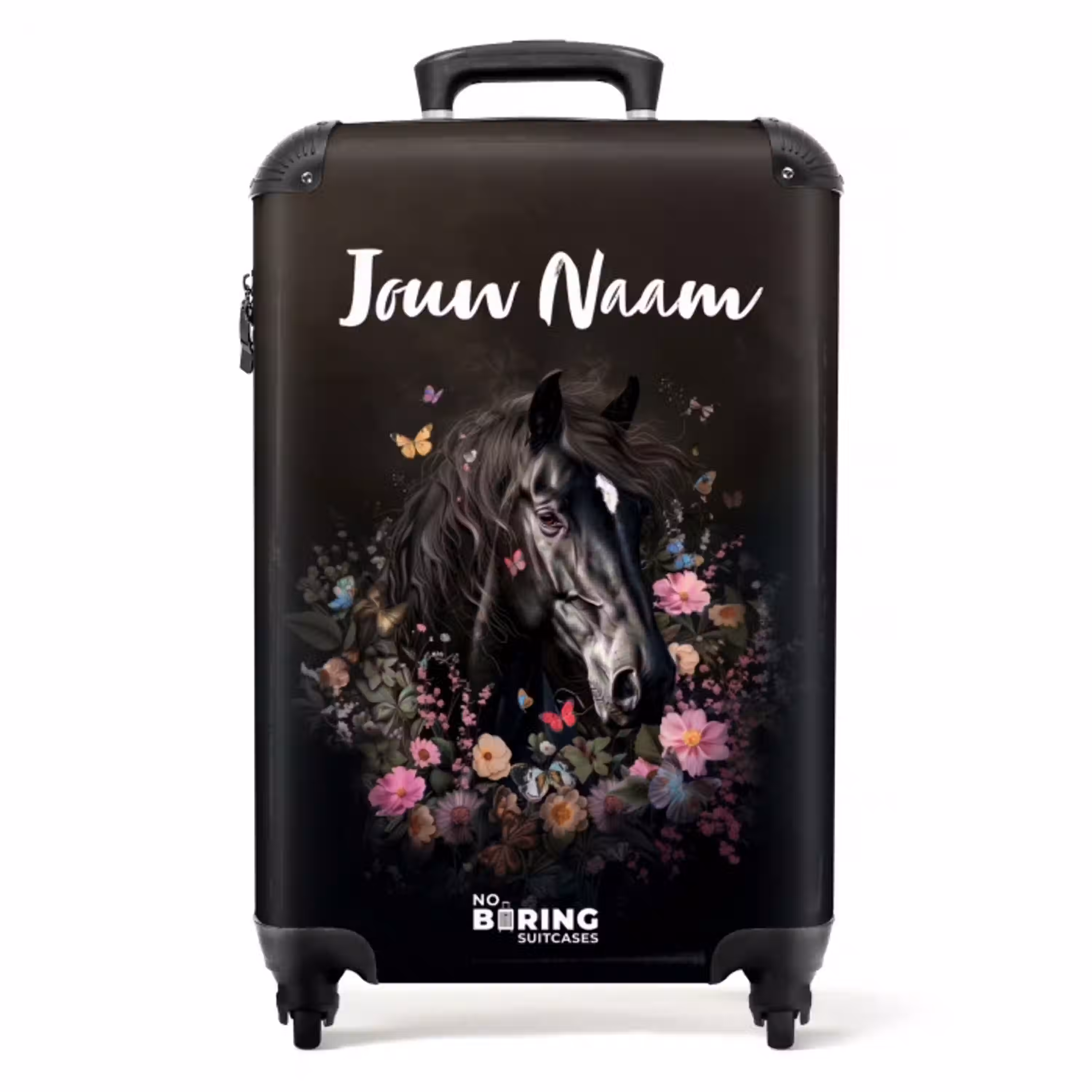 Zwart paard met witte bles en kleurrijke bloemen NBS - Handbagage koffer - Kinderen Unisex middel -productfoto_recht