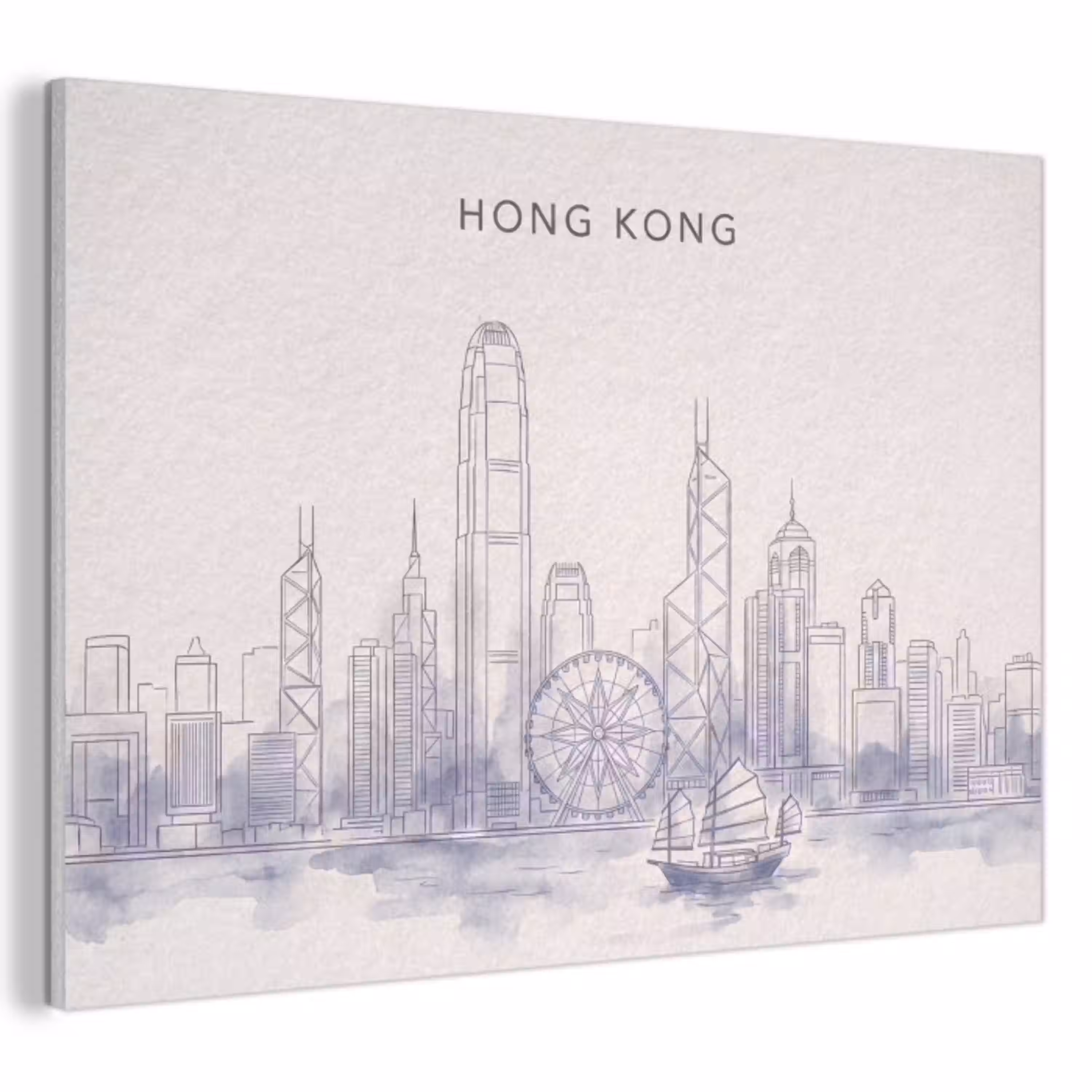 Stad - Skyline - Water - Lijntekening - Blauw PET vilt klein -3d