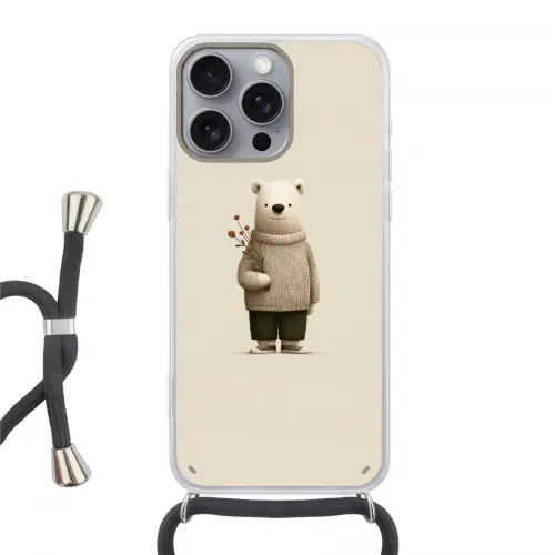 Knuffelbeer - Oranje bloemen - Vriendelijk Hoesje iPhone 16 Pro Max met koord klein -3d