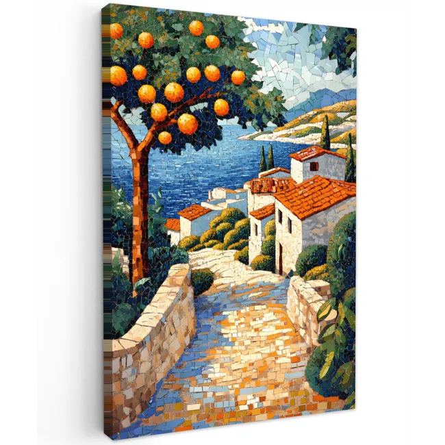 Huizen - Mozaïek - Sinaasappelbomen - Zee Tuinposter op houten frame 2 cm dik klein -3d