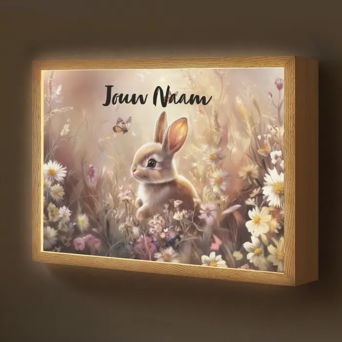 Konijntje - Bruin - Bloemen - Vlinders Light Box met batterij (Wandlamp kind) middel -z3d_website