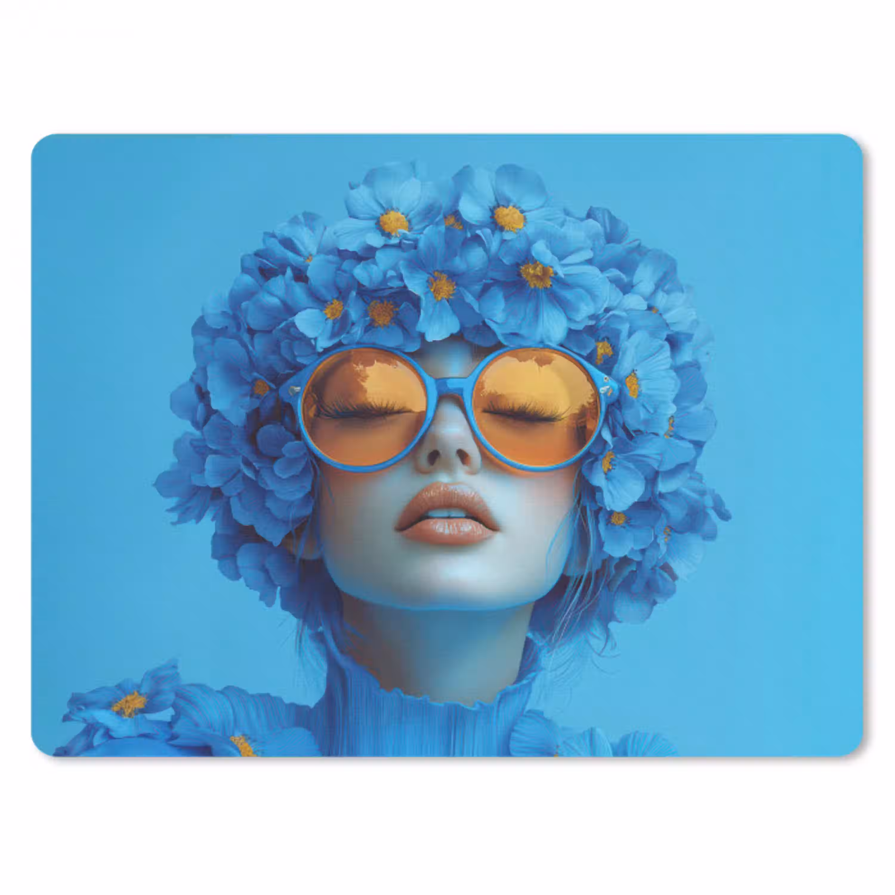 Vrouw - Bloem - Blauw - Modern - Bril - Portret muismat rubber klein -3d