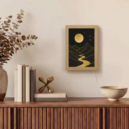 Rivier - Goud - Maan - Vogels Light Box met kabel (Tafellamp) klein -sfeer2