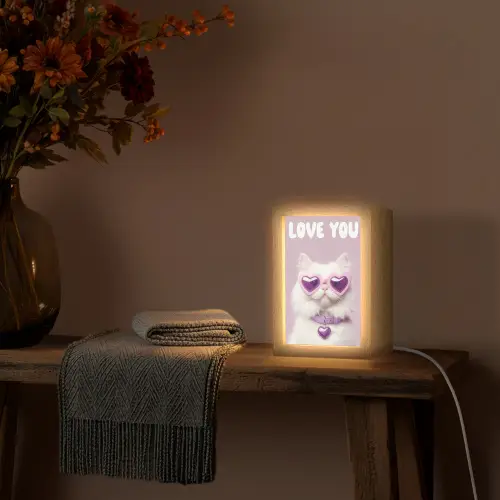 Kat - Love - Paars - Valentijn Light Box met kabel (Tafellamp) klein -sfeer4