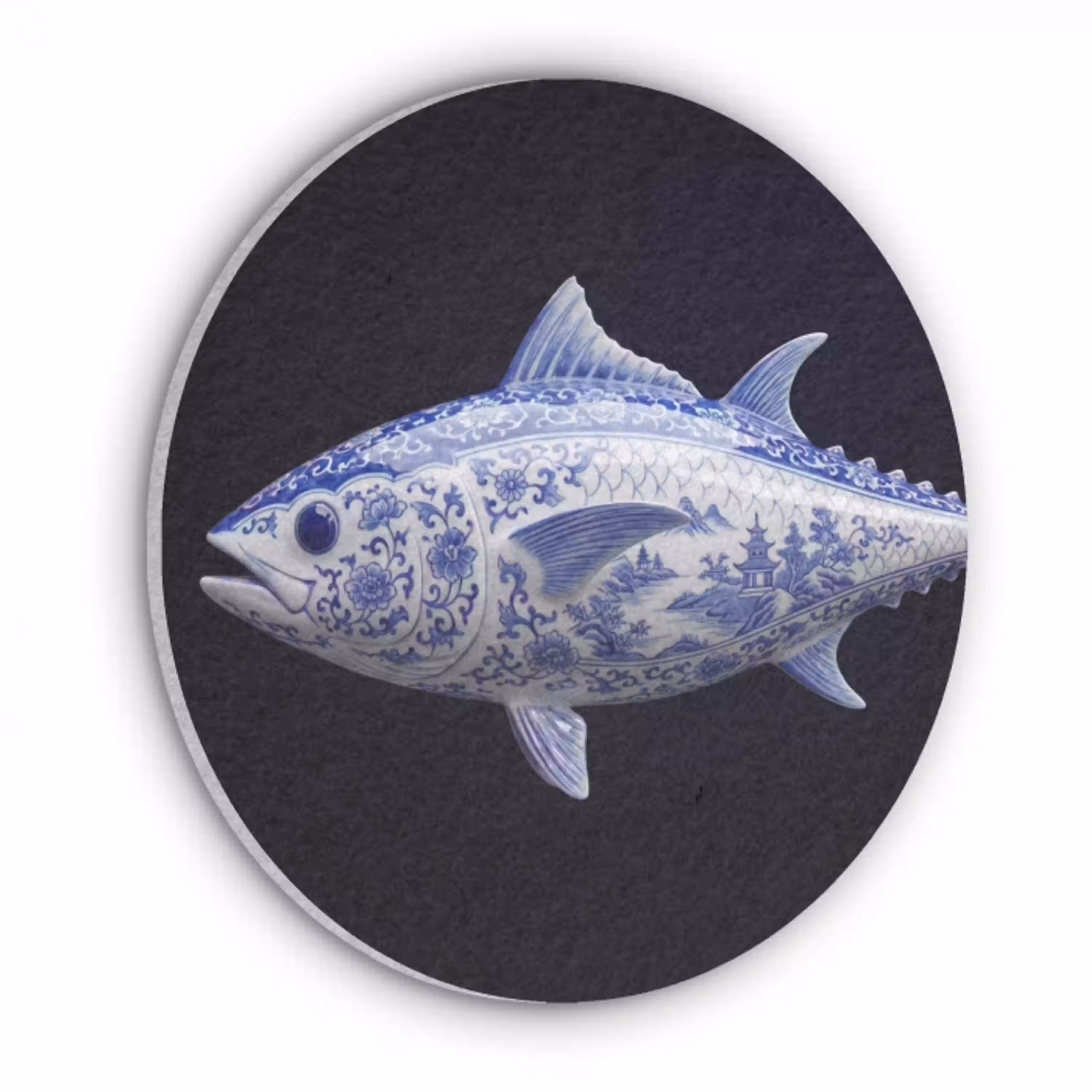 Porselein - Tonijn - Delfts - Blauw Akoestische PET Vilt - Rond klein -3d