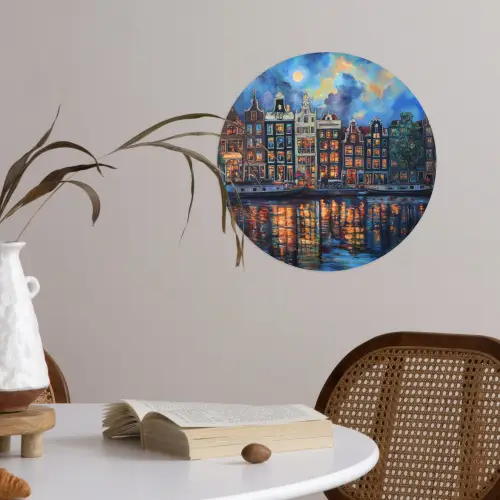 Grachten Amsterdam - Huizen - Stad - Kleurrijk Wandcirkel behangsticker klein -sfeer3