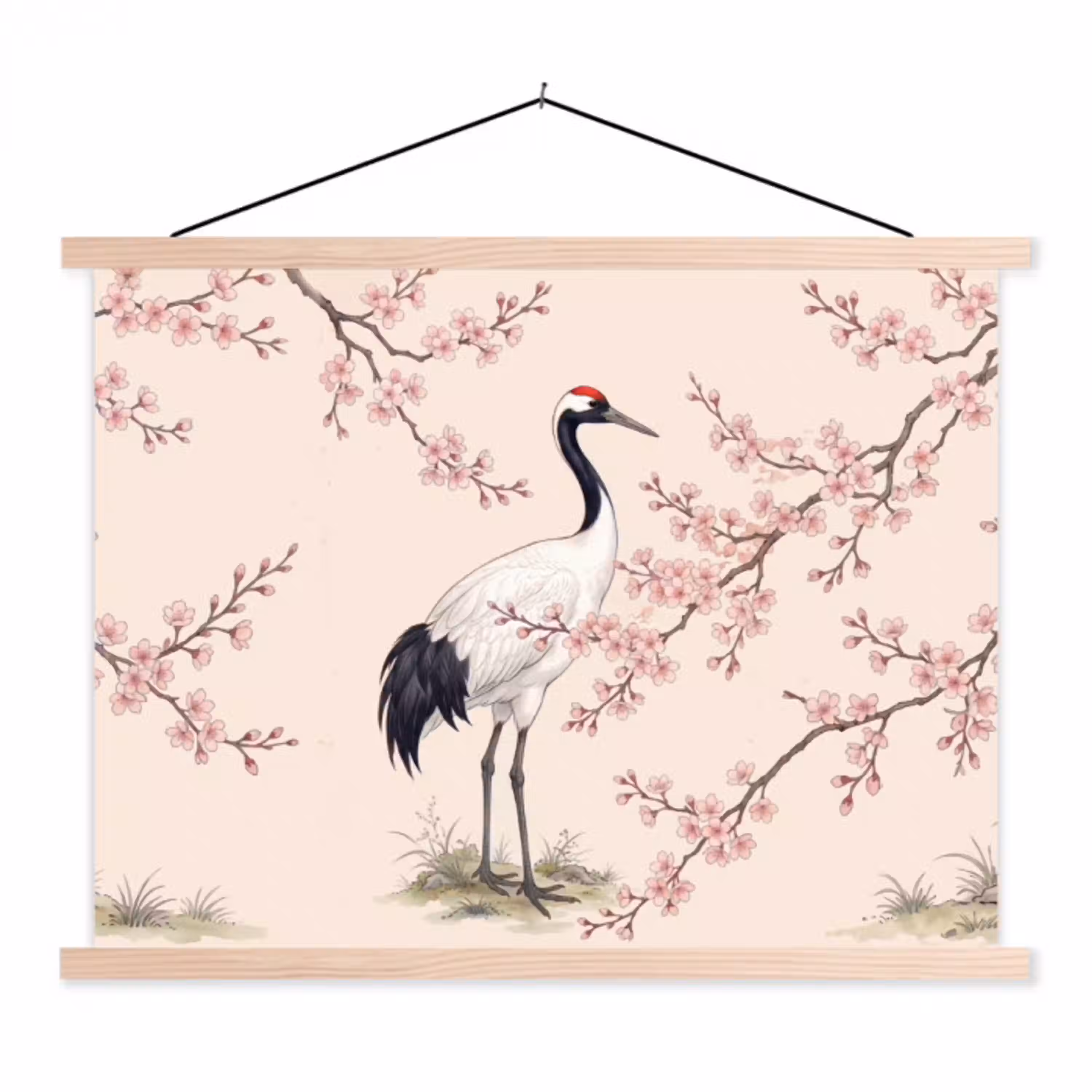 Aziatisch - Kraanvogel - Beige textielposter latten blank klein -3d