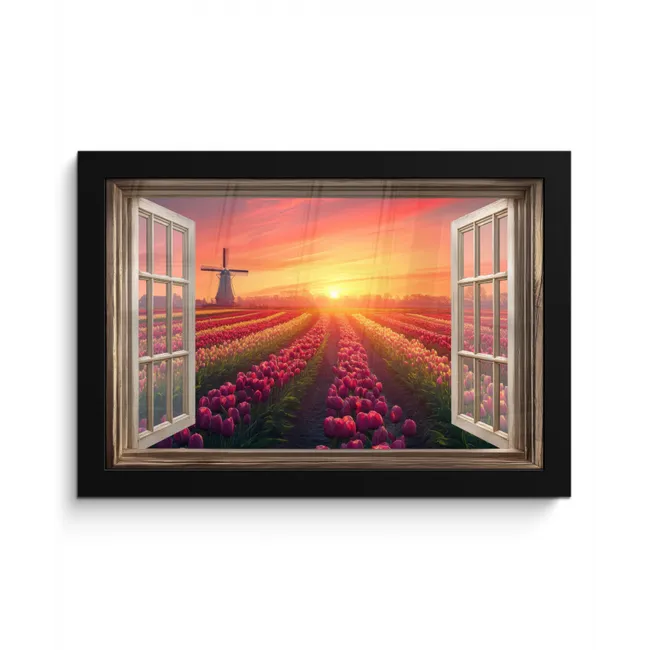 Doorkijk - Tulpen - Zonsondergang - Bloemen - Kleurrijk fotolijst zwart zonder passe partout klein -3d