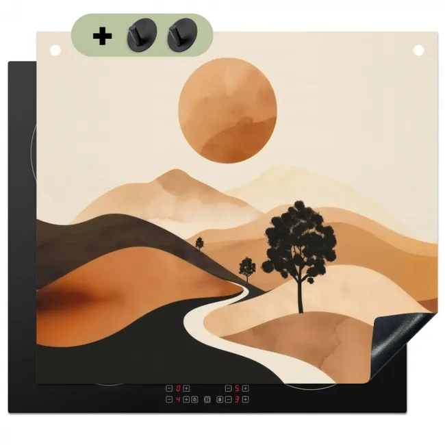 Inductie beschermer en spatscherm (2in1) - Zon - Heuvels - Boom - Abstract