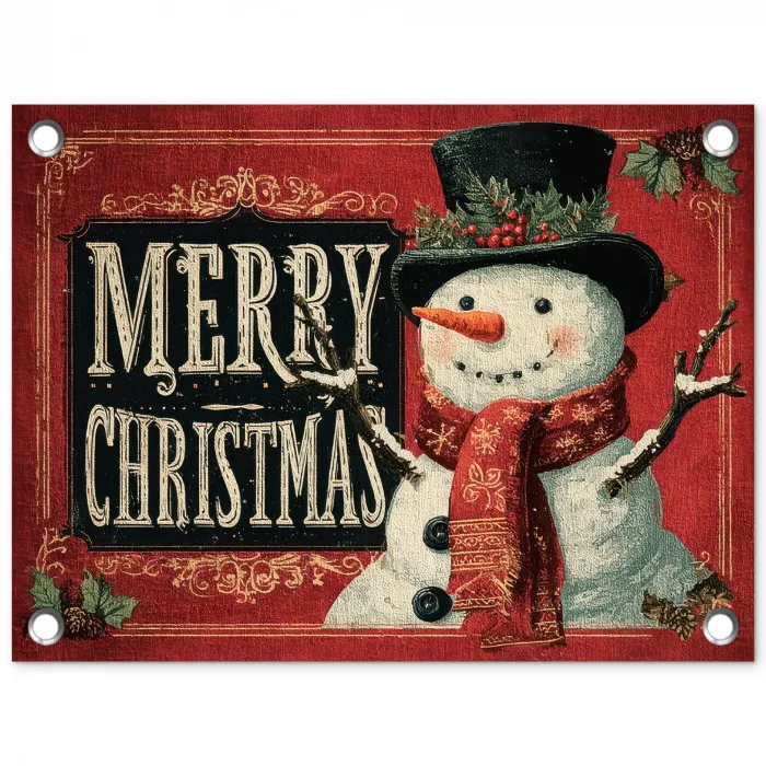 Klassiek - Kerstgroet - Sneeuwpop - Rood tuinposter los doek klein -3d