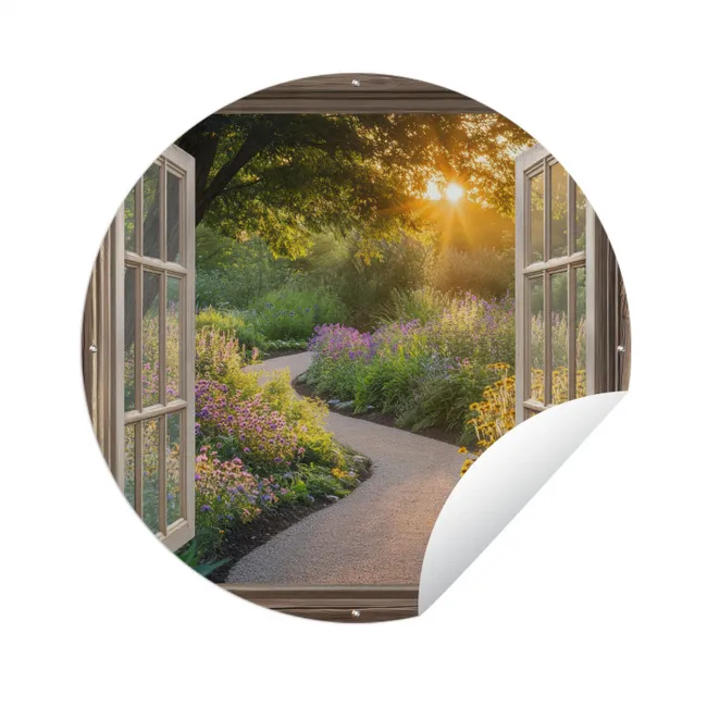 Doorkijk - Bloemen - Natuur - Zon - Pad Wandcirkel tuinposter met ringen klein -3d