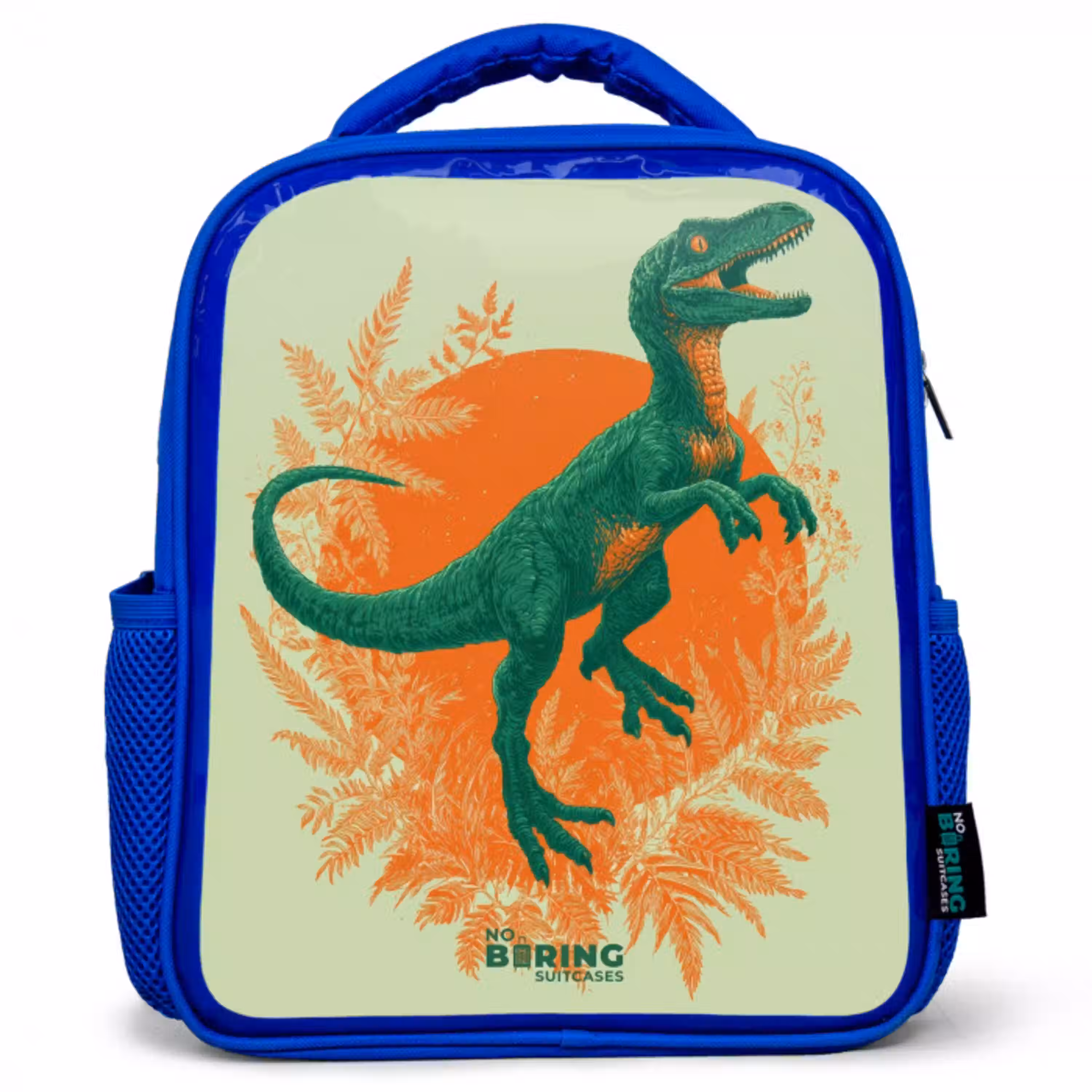 Groene dino tussen varens Kinderrugzak - Blauw middel -3d