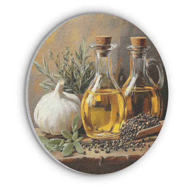 Akoestisch schilderij rond - Stilleven - Olijfolie - Knoflook - Kruiden