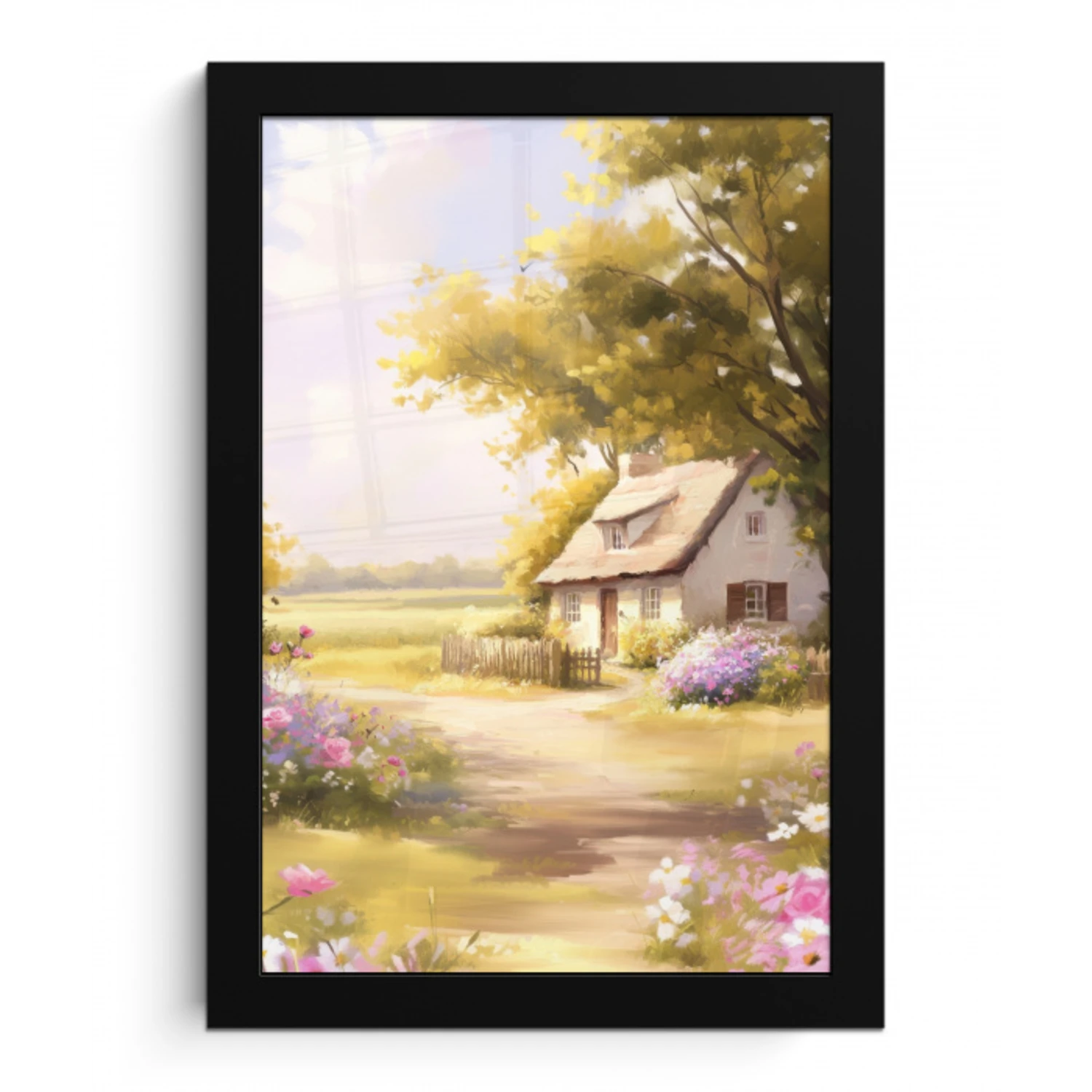 Huisje - Hout - Bloemen fotolijst zwart zonder passe partout klein -3d