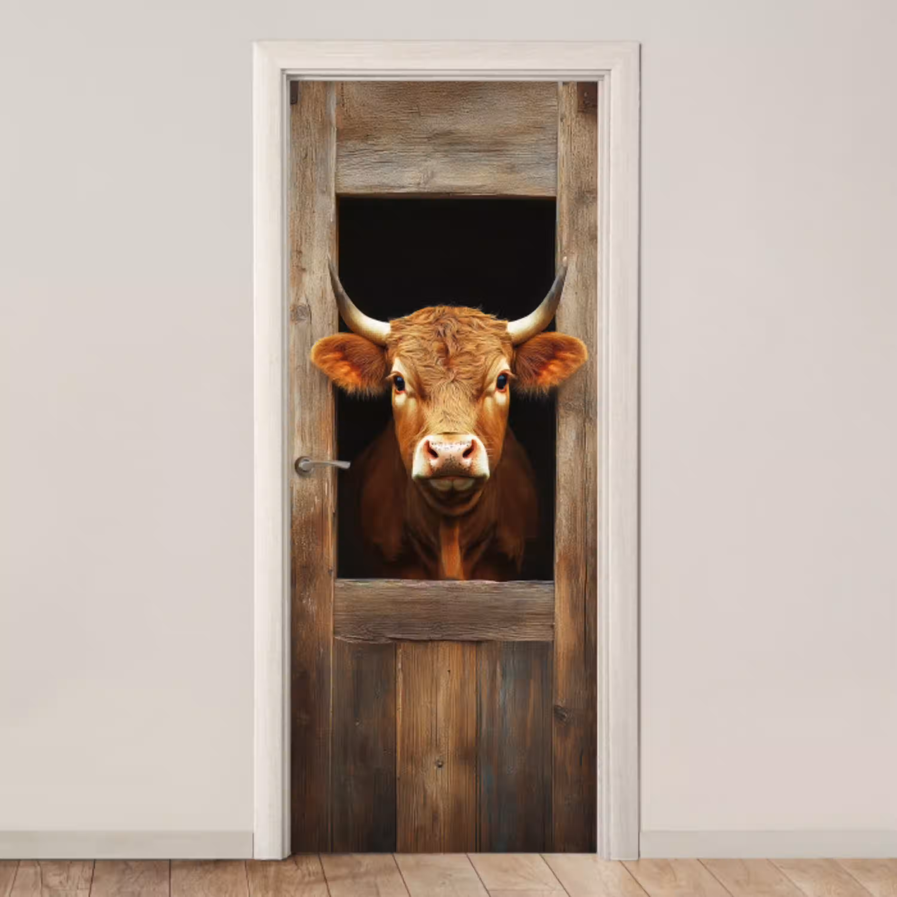 Koe - Doorkijk - Raam - Hout - Dieren deurposter klein -3d_beige