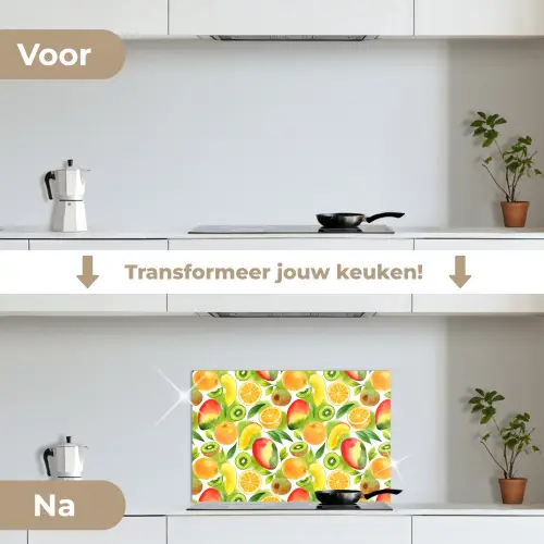 Kiwi - Sinasappel - Mango - Perzik keuken achterwand spatscherm klein 900 -voor_na_NL