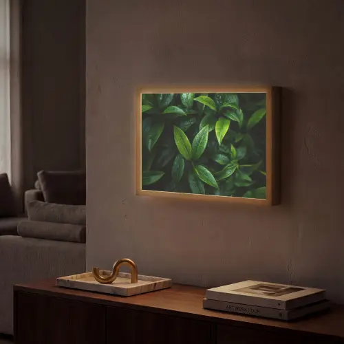 Bladeren - Regendruppels - Licht - Groen Light Box met batterij (Wandlamp) middel -sfeer1
