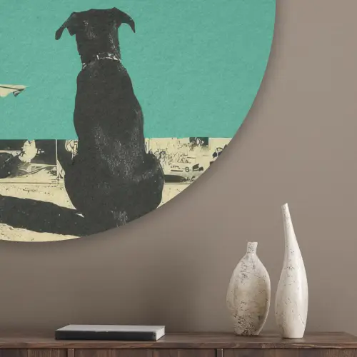 Retro - Jongen - Hond - Rood - Groen Akoestische PET Vilt - Rond klein -sfeer5_closeup