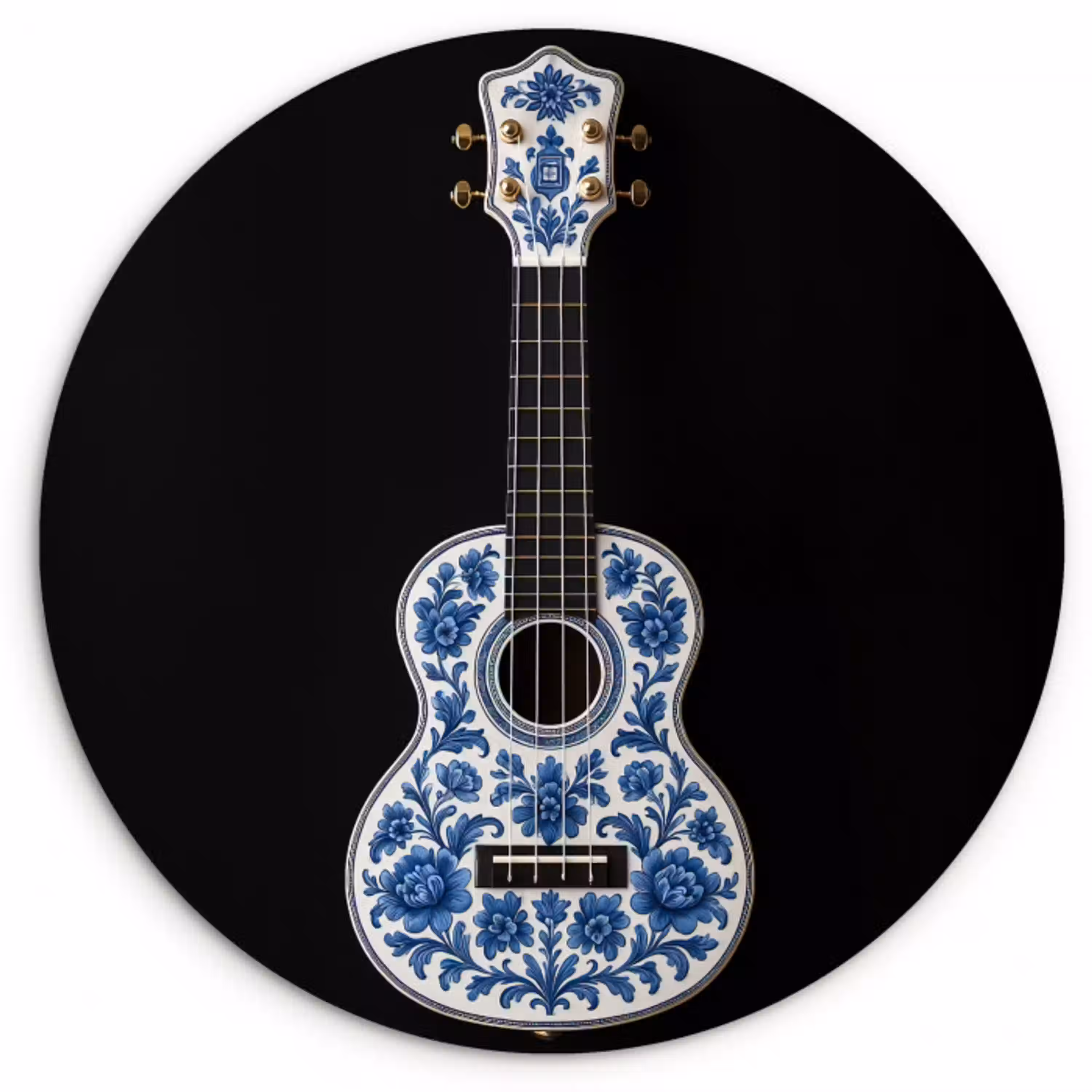 Ukelele - Delfts - Blauw - Muziek Wandcirkel kunststof plaat 5mm dik klein -3d